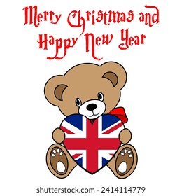 A Simple Color Vector Image Of A Funny Teddy Bear With A Heart Made From The Flag Of UK And Merry Christmas and Happy New Year Lettering