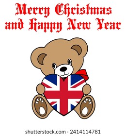 A Simple Color Vector Image Of A Funny Teddy Bear With A Heart Made From The Flag Of UK And Merry Christmas and Happy New Year Lettering
