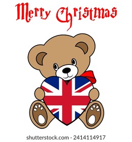 A Simple Color Vector Image Of A Funny Teddy Bear With A Heart Made From The Flag Of UK And Merry Christmas Lettering