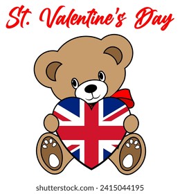 A Simple Color Vector Image Of A Funny Teddy Bear With A Heart Made From The Flag Of UK And St. Valentine’s Day Lettering