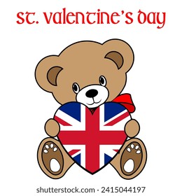 Una Simple Imagen De Vector De Colores De Un Divertido Oso De Teddy Con Un Corazón Hecho Desde La Bandera Del Reino Unido Y Cartas Del Día De San Valentín