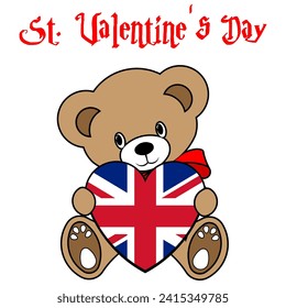 A Simple Color Vector Image Of A Funny Teddy Bear With A Heart Made From The Flag Of UK And St. Valentine’s Day Lettering