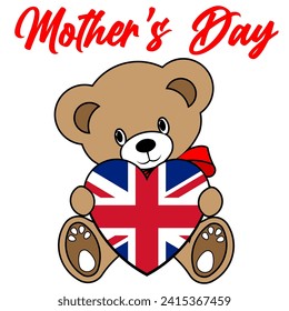 A Simple Color Vector Image Of A Funny Teddy Bear With A Heart Made From The Flag Of UK And Mother’s Day Lettering