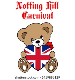 A Simple Color Vector Image Of A Funny Teddy Bear With A Heart Made From The Flag Of UK And Notting Hill Carnival Lettering
