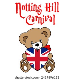 A Simple Color Vector Image Of A Funny Teddy Bear With A Heart Made From The Flag Of UK And Notting Hill Carnival Lettering