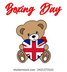 A Simple Color Vector Image Of A Funny Teddy Bear With A Heart Made From The Flag Of UK And Boxing Day Lettering