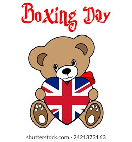 A Simple Color Vector Image Of A Funny Teddy Bear With A Heart Made From The Flag Of UK And Boxing Day Lettering