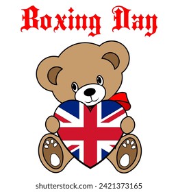 A Simple Color Vector Image Of A Funny Teddy Bear With A Heart Made From The Flag Of UK And Boxing Day Lettering