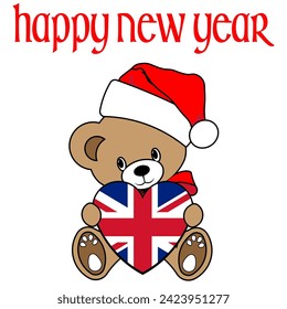 A Simple Color Vector Image Of A Funny Teddy Bear With A Heart Made From The Flag Of UK And Happy New Year Lettering