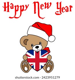 A Simple Color Vector Image Of A Funny Teddy Bear With A Heart Made From The Flag Of UK And Happy New Year Lettering