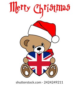 A Simple Color Vector Image Of A Funny Teddy Bear With A Heart Made From The Flag Of UK And Merry Christmas Lettering