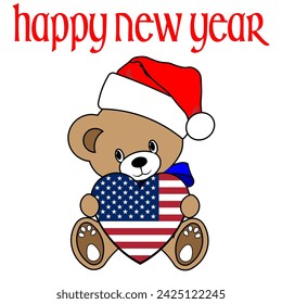 Simple Color Vector Image Of A Funny Teddy Bear With A USA Flag Heart And Happy New Year Lettering