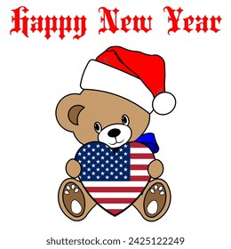 Simple Color Vector Image Of A Funny Teddy Bear With A USA Flag Heart And Happy New Year Lettering