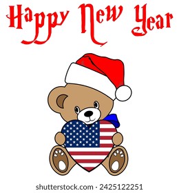 Simple Color Vector Image Of A Funny Teddy Bear With A USA Flag Heart And Happy New Year Lettering