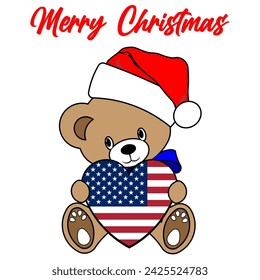 Simple Color Vector Image Of A Funny Teddy Bear With A USA Flag Heart And Merry Christmas Lettering