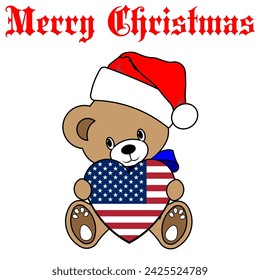Simple Color Vector Image Of A Funny Teddy Bear With A USA Flag Heart And Merry Christmas Lettering