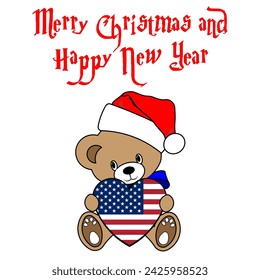 Simple Color Vector Image Of A Funny Teddy Bear With A USA Flag Heart And Merry Christmas and Happy New Year Lettering