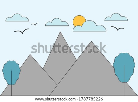 Simple Color vector mountains. Minimalistic vector landscape, Touristic tent and river. Mountins and green hills river. Tour, Travel, Nature vector, Nature icon, Flat Vector Illustration