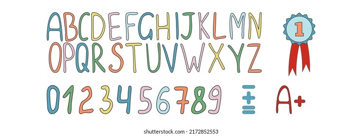 Simple colored alphabet and numbers. Hand-drawn.