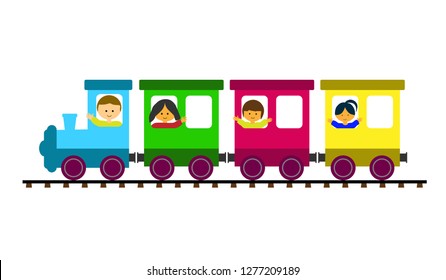 Simple colored children's train with cars and locomotive carries children