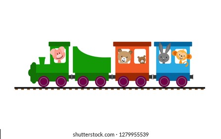 Simple colored children's train with cars and steam locomotive carrying animals