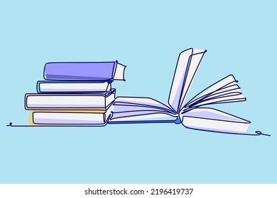 Simple colored continuous line drawing of a stack of book. Education concept design vector illustration isolated on blue background