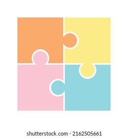 Simple colored element of four puzzles with white stroke. Decorative vector illustration isolated on white background. Concept of game, education or work, combining puzzle parts into a whole concept