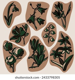 Simple colored flower clipart. Abstract modern floral illustrations. Vector art.