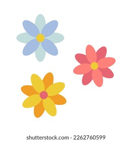 Einfache, farbige Blumen im Cartoon-Stil auf weißem Hintergrund. Drei Blumen mit bunten Blüten. Budgethaufen. Design-Elemente für Postkarten, Muster, Scrapbooking, Textilien. Vektorgrafik