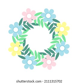 Simple colored flowers and green leaves wreath.Spring round floral composition,isolated on white background.Vector illustration.For wedding,birthday invitations,postcards,greetings,stickers,posters.
