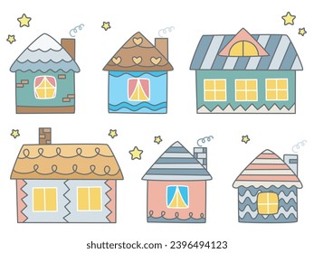 Sencillo conjunto de casas dibujadas a mano. Casas y edificios de dibujos animados. Estilo de esbozo de doodle de colección de vivienda, ilustración de vector aislado