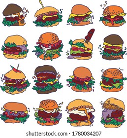 Simple colored hand-drawn line art of different burgers. May use as pattern.