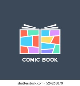 Simple Colored Linear Comic Book Logo. Concept Of Message Tag, Funny Super Human, Advertising, Tpb, Empty Space, Super Hero Story. Flat Style Trend Modern Logotype Graphic Design On Blue Background