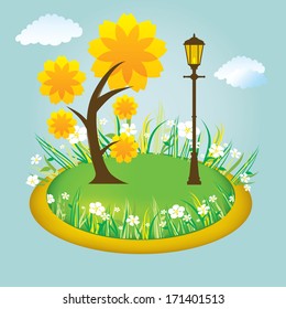 a simple and colored park with a lamp and a tree