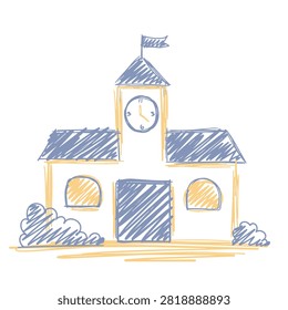 A simple colored pencil illustration of a classic school house building featuring a central clock tower and two arched windows on either side