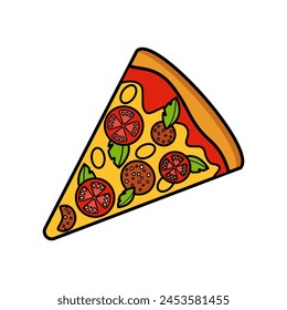 Simple colored pizza slices icon. Fast food, pastries, Italian cuisine. Logo for menus, cafes, shops, sales. Doodle, vector illustration