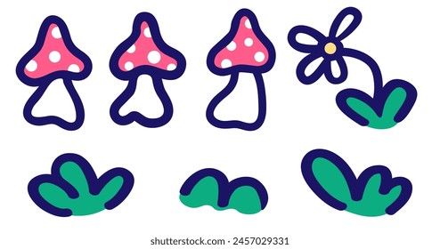 simple colored set mushrooms in flat style. Design for logo backdrops print poster postcards