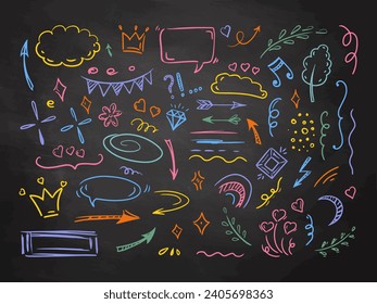 Simple colored sketch line style elements. Doodle cute ink pen line elements on chalkboard background. Doodle arrow, heart, star, decoration symbol, icon set. Vector illustration.