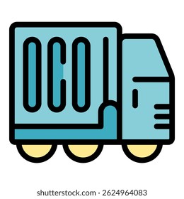 Simples ícone de vetor colorido de um semi caminhão transportando um grande recipiente de metal cheio de mercadorias