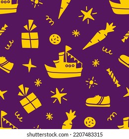 Simple colored vector seamless pattern. Celebration of St. Nicholas Day, Sinterklaas. For printing wrapping paper, gifts, textiles. Dark background.