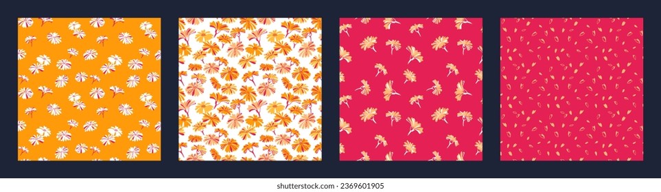 Simple, colorful, abstract flowers seamless patterns. Vector hand drawn shape, silhouettes flowers, spots, dot. Templates for design, fabric, fashion, textile