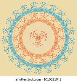 Simple colorful abstract mandala, ethno motive. Bright circular ornament consists of simple shapes. Stylized ethnic motive of East Asia. Vintage decorative elements. Circular ornament.