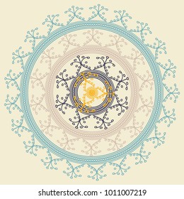 Simple colorful abstract mandala, ethno motive. Bright circular ornament consists of simple shapes. Stylized ethnic motive of East Asia. Vintage decorative elements. Circular ornament.