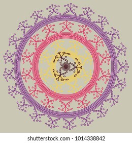 Simple colorful abstract mandala, ethno motive. Bright circular ornament consists of simple shapes. Stylized ethnic motive of East Asia. Vintage decorative elements. Circular ornament.