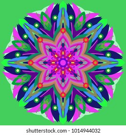 Simple colorful abstract mandala, ethno motive. Bright circular ornament consists of simple shapes. Stylized ethnic motive of East Asia. Vintage decorative elements. Circular ornament.