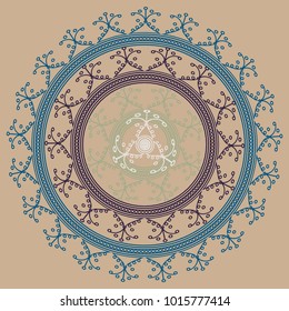 Simple colorful abstract mandala, ethno motive. Bright circular ornament consists of simple shapes. Stylized ethnic motive of East Asia. Vintage decorative elements. Circular ornament.