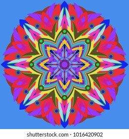 Simple colorful abstract mandala, ethno motive. Bright circular ornament consists of simple shapes. Stylized ethnic motive of East Asia. Vintage decorative elements. Circular ornament.