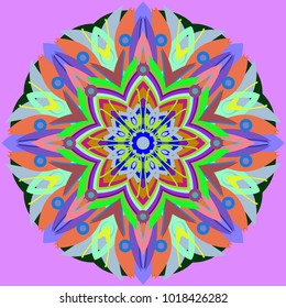 Simple colorful abstract mandala, ethno motive. Bright circular ornament consists of simple shapes. Stylized ethnic motive of East Asia. Vintage decorative elements. Circular ornament.