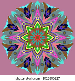 Simple colorful abstract mandala, ethno motive. Bright circular ornament consists of simple shapes. Stylized ethnic motive of East Asia. Vintage decorative elements. Circular ornament.