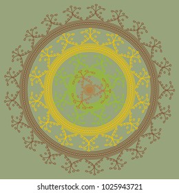 Simple colorful abstract mandala, ethno motive. Bright circular ornament consists of simple shapes. Stylized ethnic motive of East Asia. Vintage decorative elements. Circular ornament.